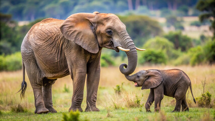 majestic African elephant matriarch tenderly greets her playful calf in a lush, green savanna.
Wild and free: A young elephant calf explores its surroundings under the watchful eye of its protective m
