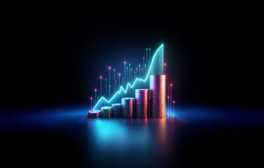 Stacks of coins illuminated with blue and pink neon lights. A glowing line graph ascends upward, representing growth.