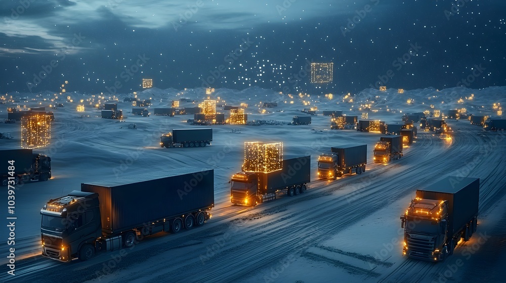 Poster glowing smart logistics hubs powered by ai driven mesh networks optimizing transportation supply cha