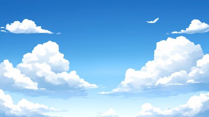 Blue Sky with Puffy Clouds and a Bird Flying Overhead