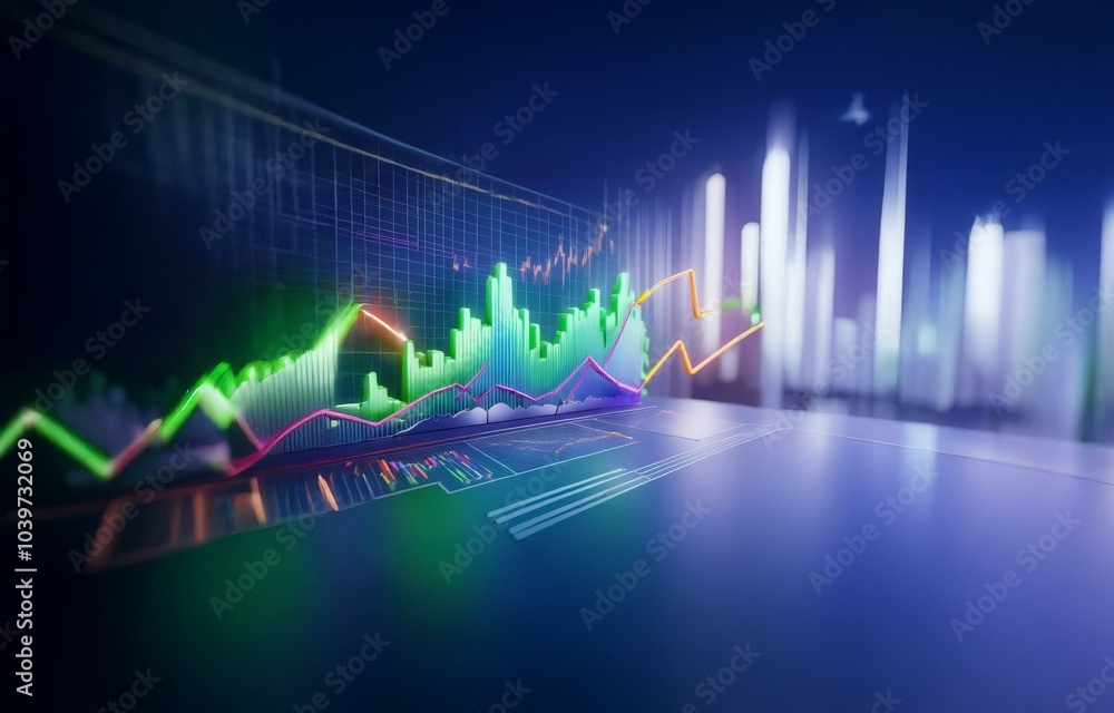 Poster a computer screen displaying a financial chart with vibrant green and orange lines. the screen is an