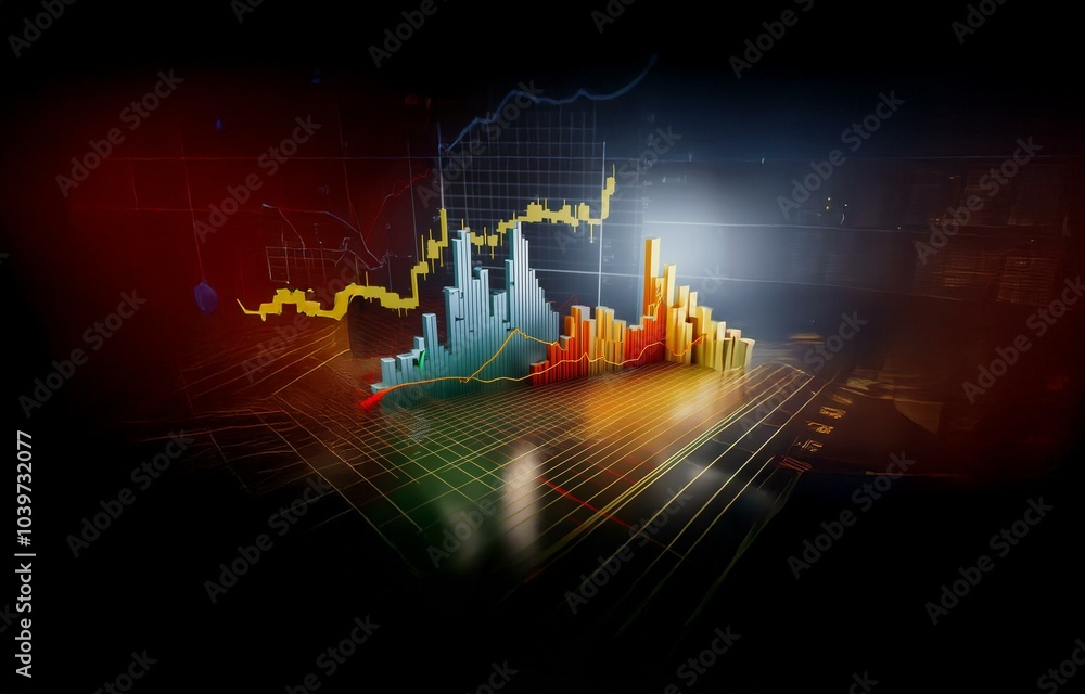Poster a 3d graphic of financial data on a dark background with a grid pattern.