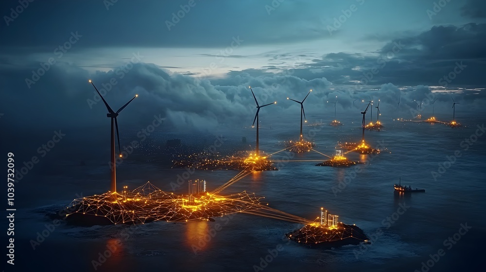 Leinwandbilder illuminated wind turbines standing tall against a backdrop of glowing mesh networks symbolizing the 