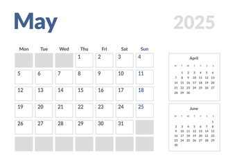 Monthly page Calendar Planner Template of May 2025. Vector layout of calendar with week start Monday for Scheduling. Page for size A4 or 21x29.7 cm