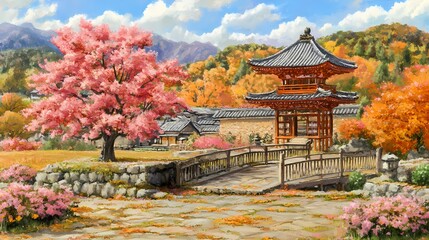 Japanese Garden with Pagoda  Bridge and Cherry Blossoms in Autumn