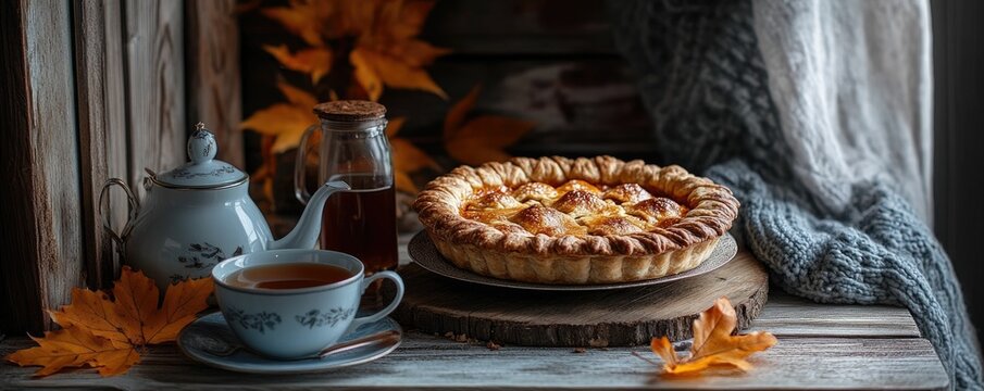 A cozy autumn table setting featuring a homemade rustic pie steaming cup of tea and warm knit throw accented with vibrant fall leaves creating a welcoming and comforting atmosphere