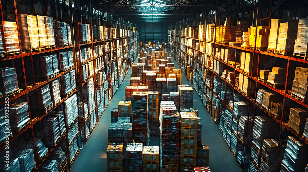 Poster high angle view of a large warehouse filled with rows of pallets and boxes, showing the immense scal