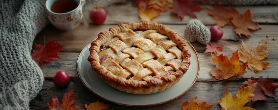 A rustic and cozy autumn scene featuring a homemade pie on a wooden table  accompanied by a cup of tea  a knit throw  and scattered fall leaves