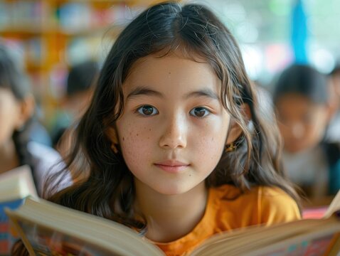 Young girl with long hair reading a book in a classroom setting, focused and attentive, surrounded by blurred peers.