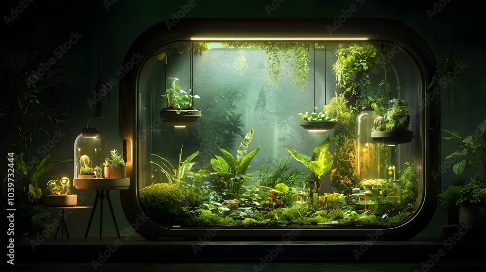 Poster Luminous and mesmerizing mesh patterns enveloping a verdant indoor garden creating a captivating and futuristic visual experience