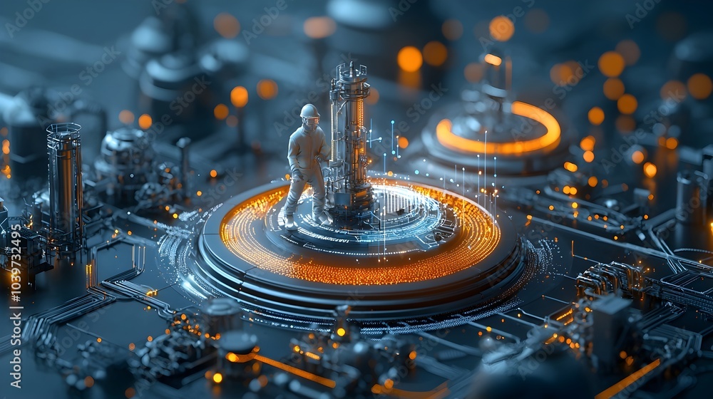 Aufkleber intricate glowing mesh networks enveloping chemical plant machinery and equipment in a futuristic hi