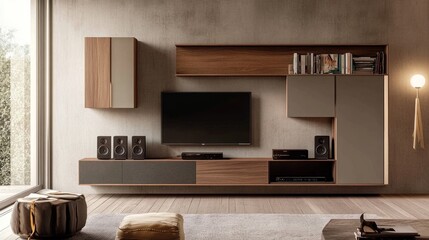 A functional and stylish wooden wall unit holding a TV, books, and speakers in a modern apartment setting