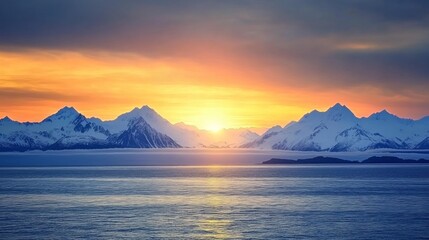 Fototapeta premium A vibrant sunset over a snow-capped mountain range with a calm sea in the foreground.