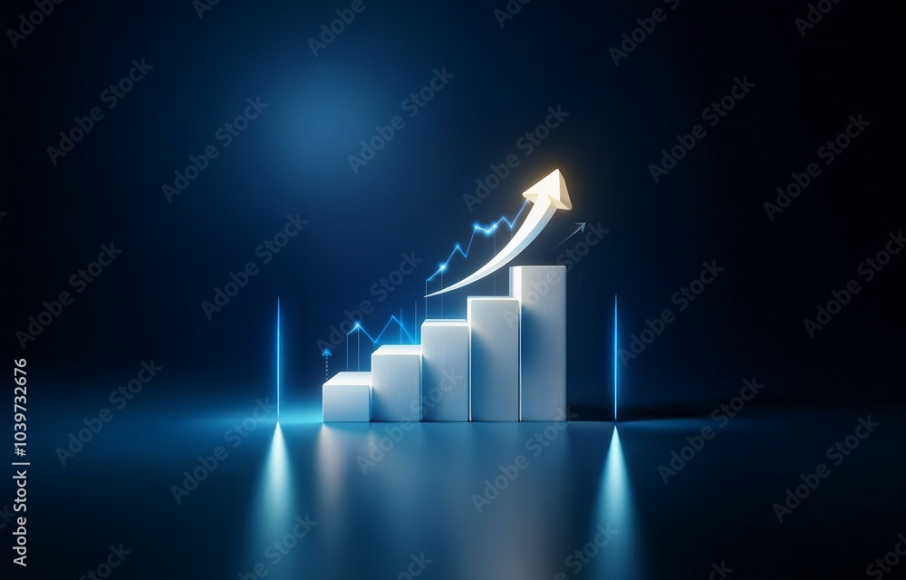 Poster a white 3d bar graph rising upward, an arrow pointing upward with glowing lines surrounding the grap