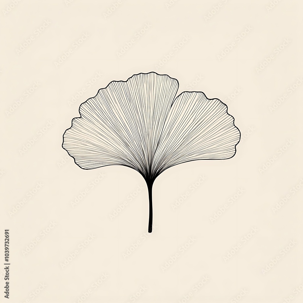 Poster a simple line drawing of a ginkgo biloba leaf on a beige background.