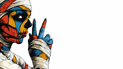 Colorful Mummy Illustration with Hand Gesturing Peace Sign on White Background