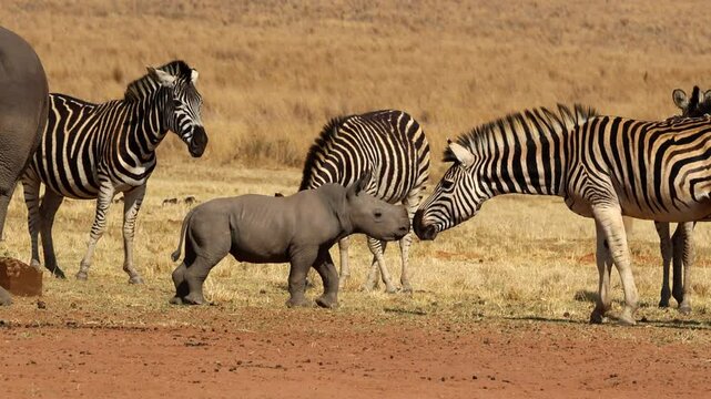 Incredible wildlife encounter as curious rhino calf and zebra greet each other