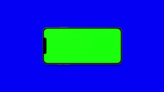 Green screen golden smartphone on blue background,