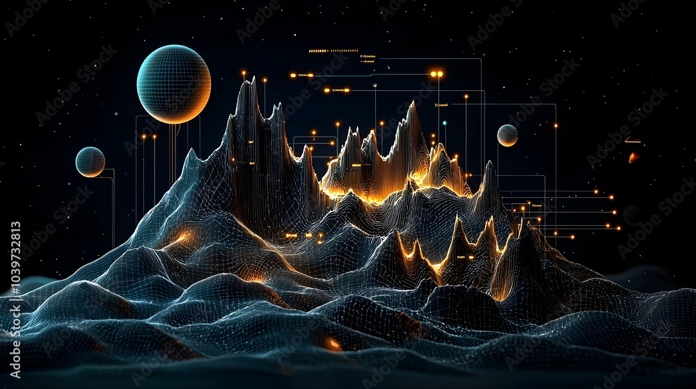 Aufkleber majestic mountain range illuminated by glowing mesh lines that trace and accentuate the peaks valley