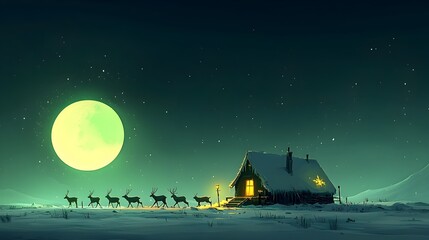 Majestic reindeer silhouettes gracefully crossing under the dim atmospheric polar night sky creating a serene and minimalistic winter landscape scene