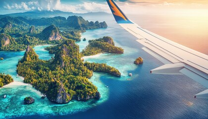 The plane flies through the ocean expanses, where tropical islands seem to be the starting points of the sunset