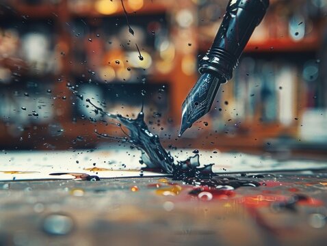 Close-up of a fountain pen splattering ink on a table, surrounded by colorful scribbles and art supplies in a creative, blurred background setting. - Powered by Adobe