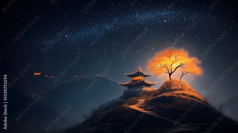 Poster mesh lines tracing the elegant silhouettes of pagoda structures under a tranquil starry night sky cr