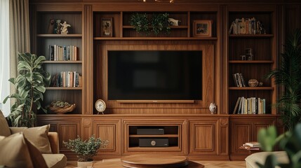 Elegant wooden wall unit in a cozy living space with a TV, bookshelves, and personal decorative accents