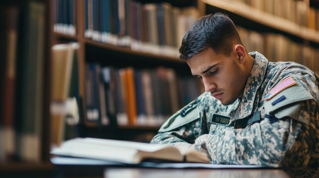 Army veteran student in a university library, studying with concentration and surrounded by academic resources, balancing military experience and education