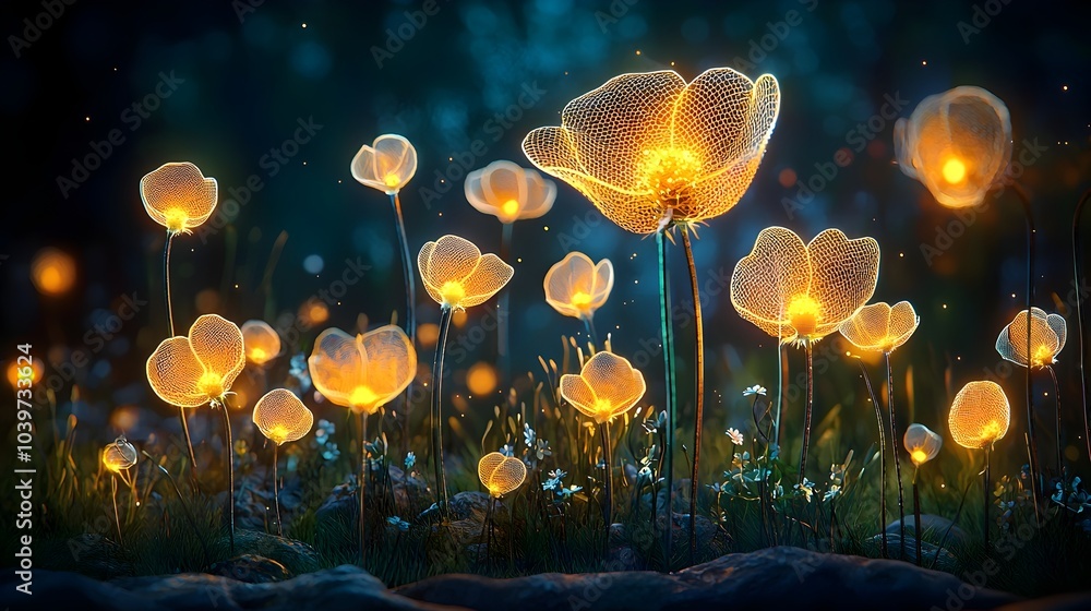Poster Mesmerizing abstract composition of glowing mesh flowers forming captivating shapes in a serene moody night garden setting with a digital futuristic aesthetic