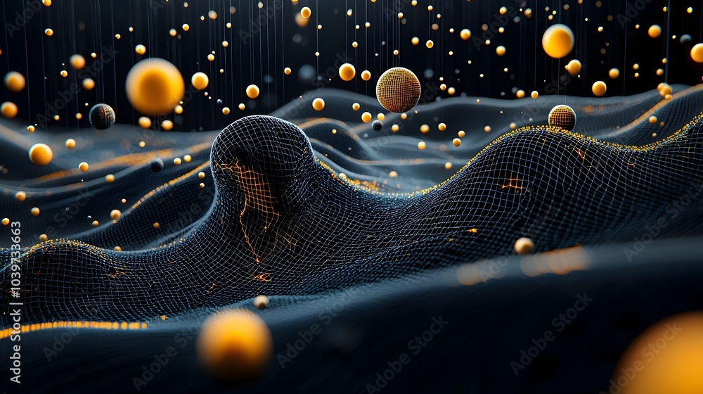 Poster Mesmerizing abstract digital artwork featuring intricate glowing mesh lines forming hypnotic mandala patterns on a dark minimalist background  This visually design exudes a sense of energy technology