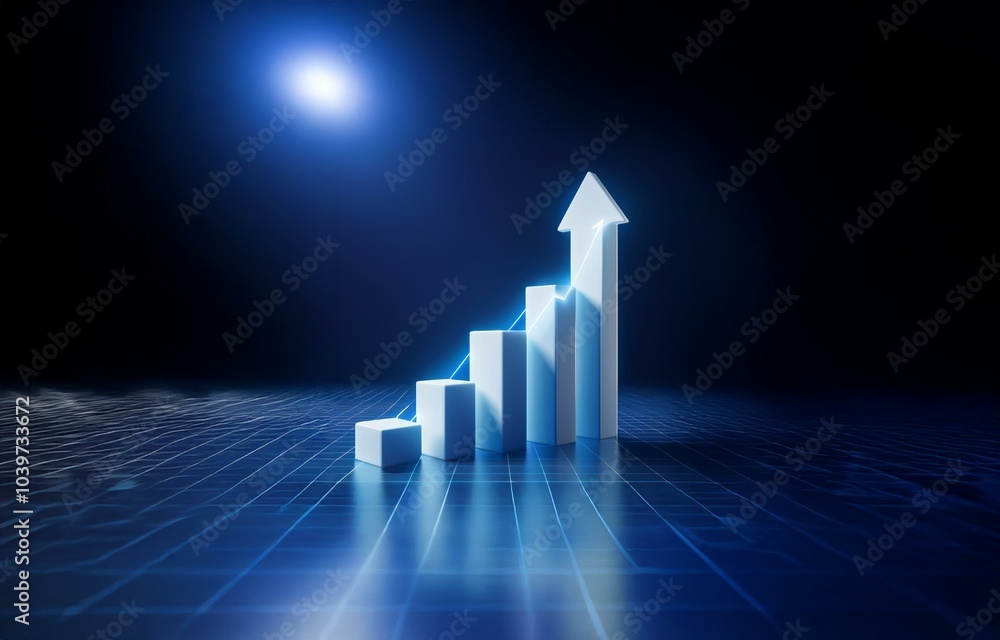 Poster white 3d arrow pointing upwards against a dark blue background with a grid and a white glowing light