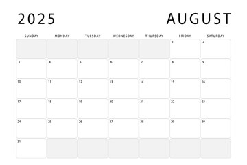 August 2025 monthly planner. Calendar template. Sunday start. Vector design