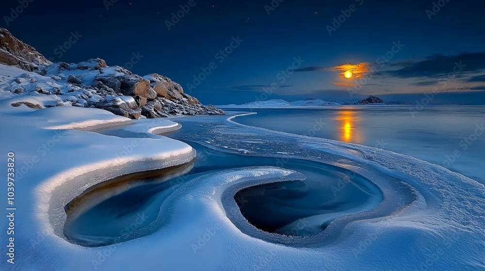 Poster Mesmerizing abstract landscape of a frozen lake reflecting the ethereal glow of moonlight creating a captivating and surreal scene of shimmering waves and geometric patterns