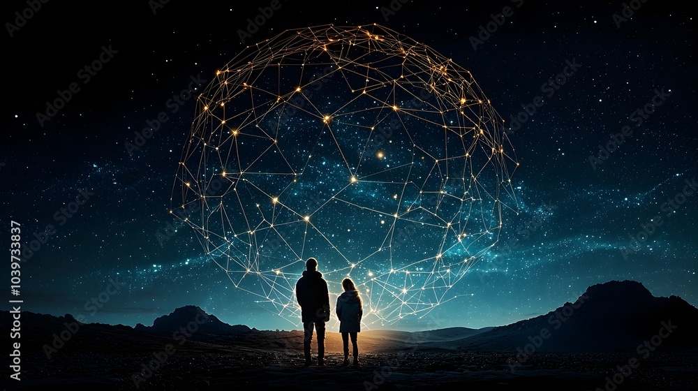 Poster Mesmerizing abstract mesh patterns representing the intricate constellations of the universe above a serene spiritual gathering conveying a sense of transcendence connection
