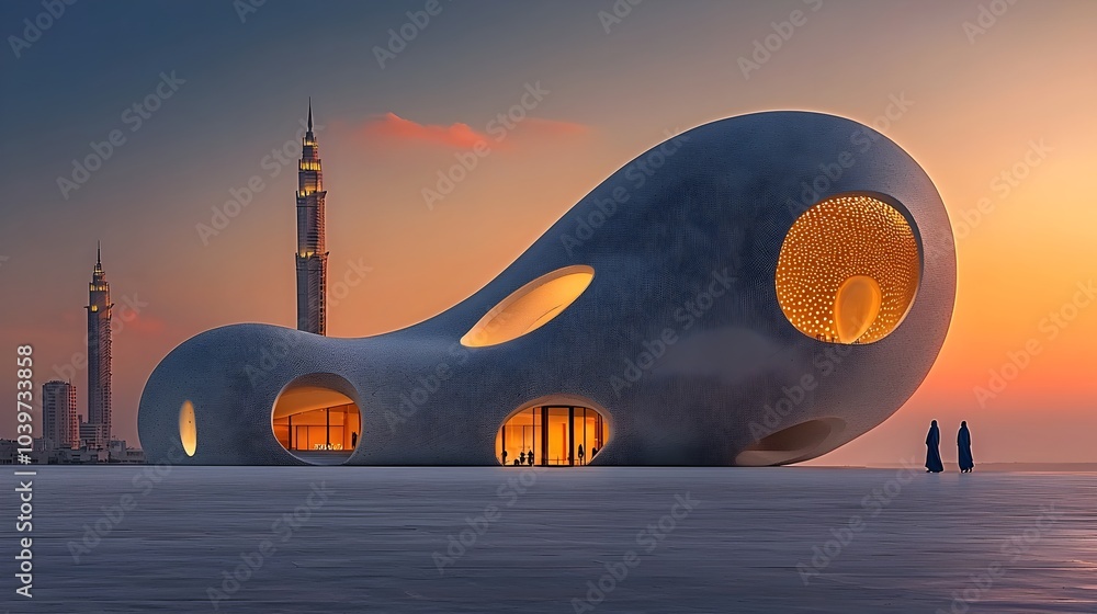 Leinwandbilder Mesmerizing abstract visualization of the architectural details of a mosque with glowing mesh lines accentuating the structure and its serene reflection at sunset