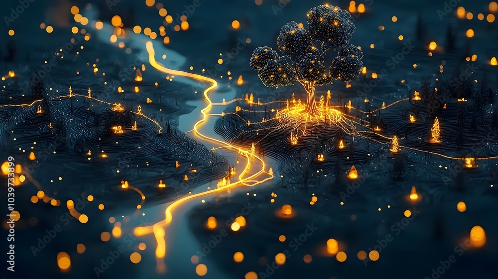 Aufkleber Mesmerizing aerial view of glowing luminescent rivers winding through a dense lush jungle landscape  The organic flowing forms create a captivating futuristic and ethereal scene