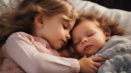 Tender portrait of siblings snuggled together, protectively embracing a newborn baby, portraying warmth, love, and familial bonds.