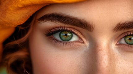 green eyes, yellow scarf on head