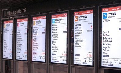 Electronic, digital train information signs in a city underground station © Rose Makin