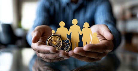 Protecting the Family: Hands gently cradling a family cutout, including a wheelchair symbol, representing inclusivity and care.  A symbol of family support and accessibility.