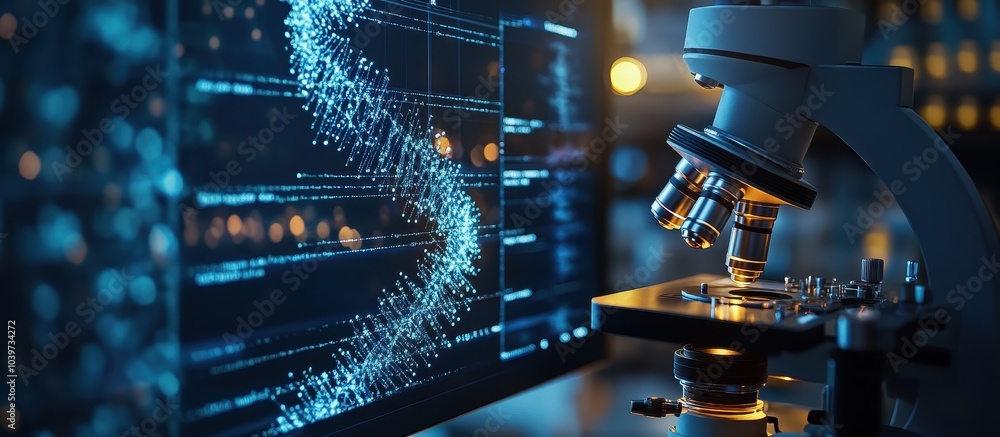 Wall mural advanced laboratory microscope with digital dna analysis display in high-tech scientific research en