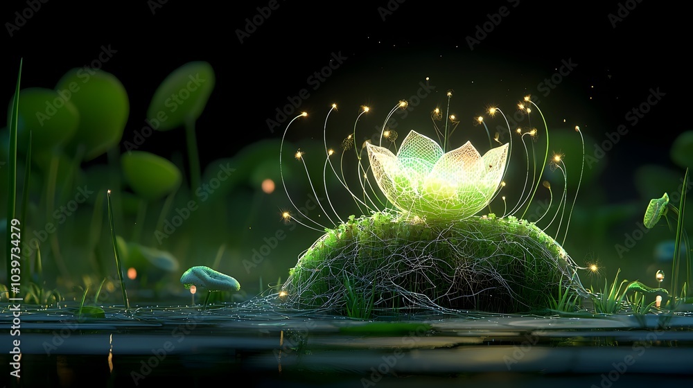 Poster mesmerizing digital artwork depicting a glowing mesh lotus flower gracefully floating on a tranquil 