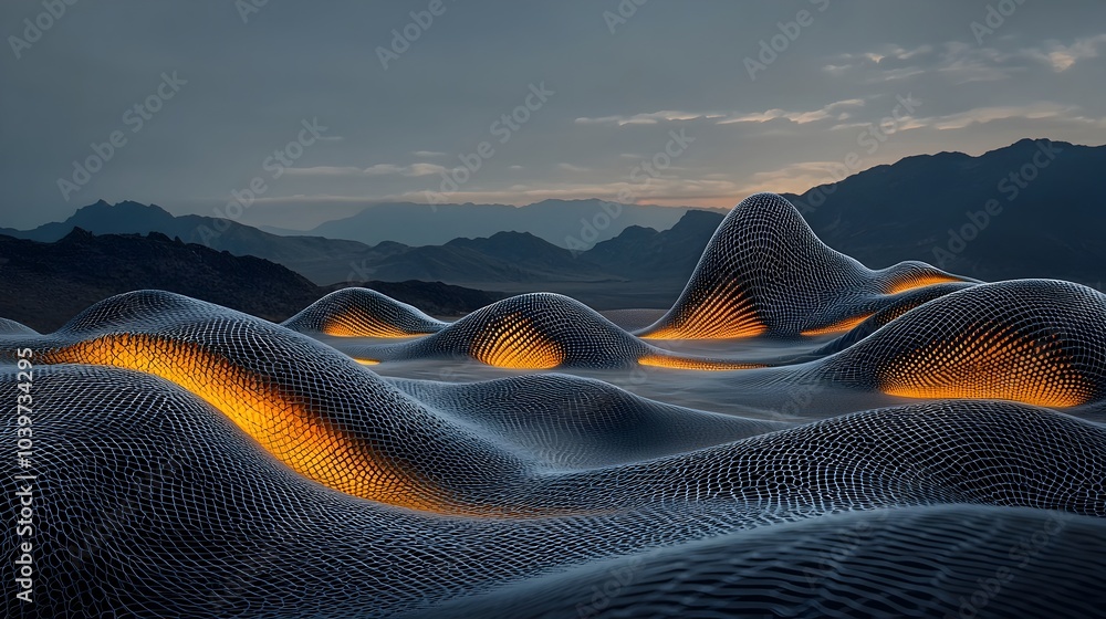Aufkleber mesmerizing digital art depiction of rock formations glowing with intricate mesh patterns representi