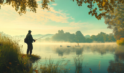 Man fishing in the pond in the morning in a beautiful summer landscape, generated by ai