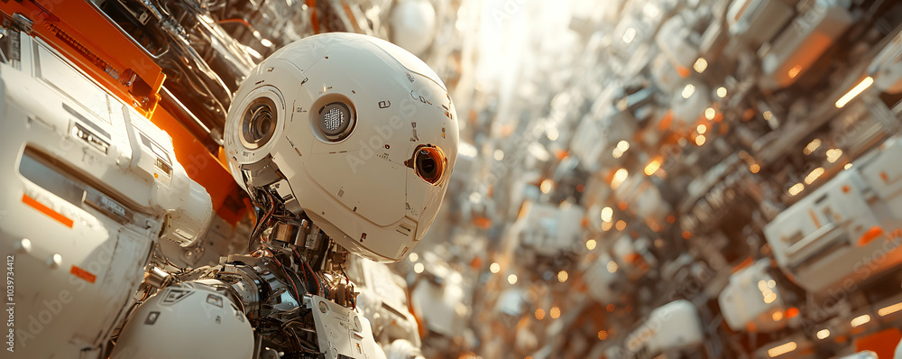 Poster a detailed close-up of a white futuristic robot's head with a large circular eye and complex wiring,