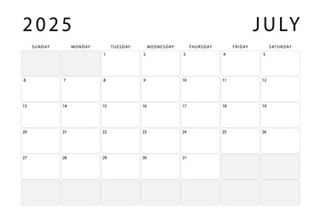 July 2025 monthly planner. Calendar template. Sunday start. Vector design