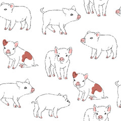 Vector seamless pattern with cute little piglets isolated on white. Hand drawn texture with sweet piggies in sketch style.