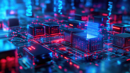Obraz premium Futuristic circuit board landscape, intricate electronic components glowing in vibrant blue and red light, representing advanced technology and digital innovation.