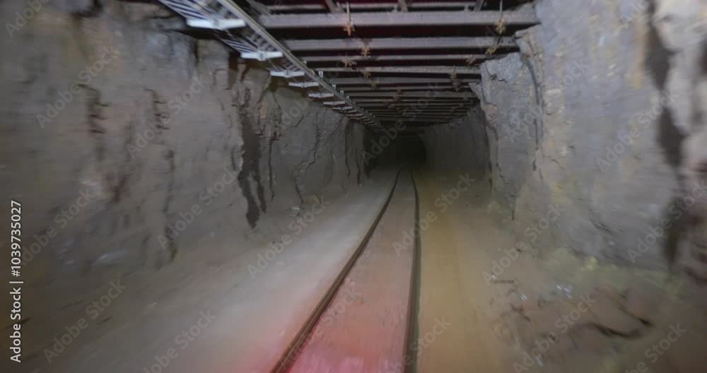 Poster pov from mining train moving on underground railroad in tunnel.